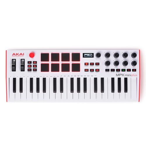 Akai Professional MPK Mini Plus - Teclado Controlador MIDI USB de 37 Mini Teclas con 8 Pads MPC, Secuenciador, MIDI/CV/Gate I/O, Software de Producción y Native Instruments Sound Package, Blanco