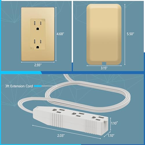 LIDER Extensor de Tomacorriente de Cara Plana con 3 Receptáculos, Enchufe de Placa de Pared Ultra Delgado con Extensor de Cable y Regleta de 3 Tomas, Cable de 3 pies, LWE3-315-GD, Certificado ETL