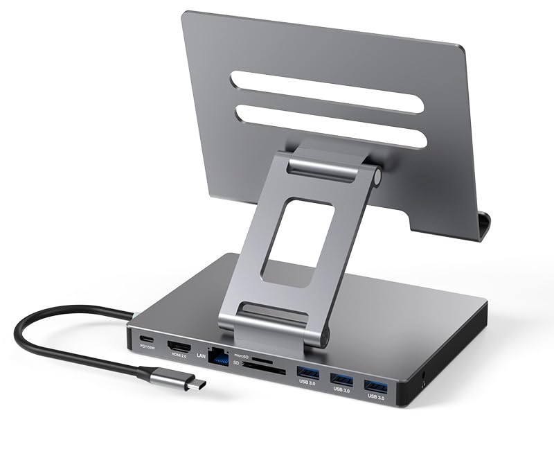 iPad Pro USB C Hub Stand, 9-in-1 Adapter for iPad Pro M4 M2 13 12.9 11 Inch Docking Station Foldable with 4K 60Hz HDMI, RJ45 Gigabit Ethernet, SD/TF Card Reader, 3 USB 3.0, 3.5 mm Audio, iPad Air