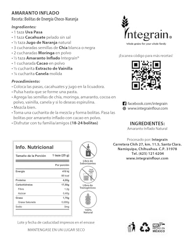 Amaranto Inflado 100% Natural Libre de Gluten y GMO's de Grano Entero