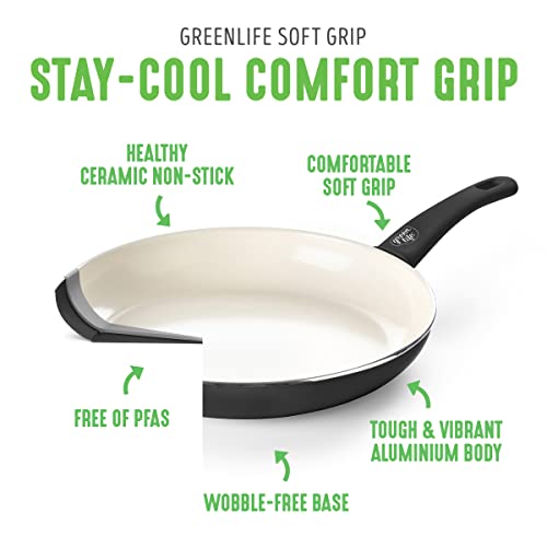 GreenLife Soft Grip - Juego de 16 ollas de cocina antiadherentes de cerámica suave, sin PFAS con utensilios de cocina y tapa, apto para lavaplatos, negro y crema