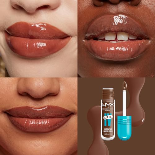 NYX Professional Makeup, LIP IV Gloss Serum Hidratante, Tono: Splash and Spice. Tinta de Labios hidratante con alto pigmento infusionado con agua de coco y magnesio. Fórmula vegana.