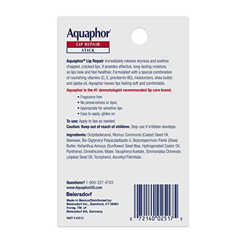 Aquaphor Lip Repair Stick - Soothes Dry Chapped Lips - Two(2) .17 Oz. Sticks
