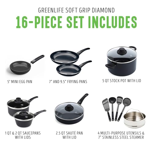 Greenlife Batería de cocina, de cerámica, antiadherente, agarre suave, Negro diamond, 16 piezas, 1