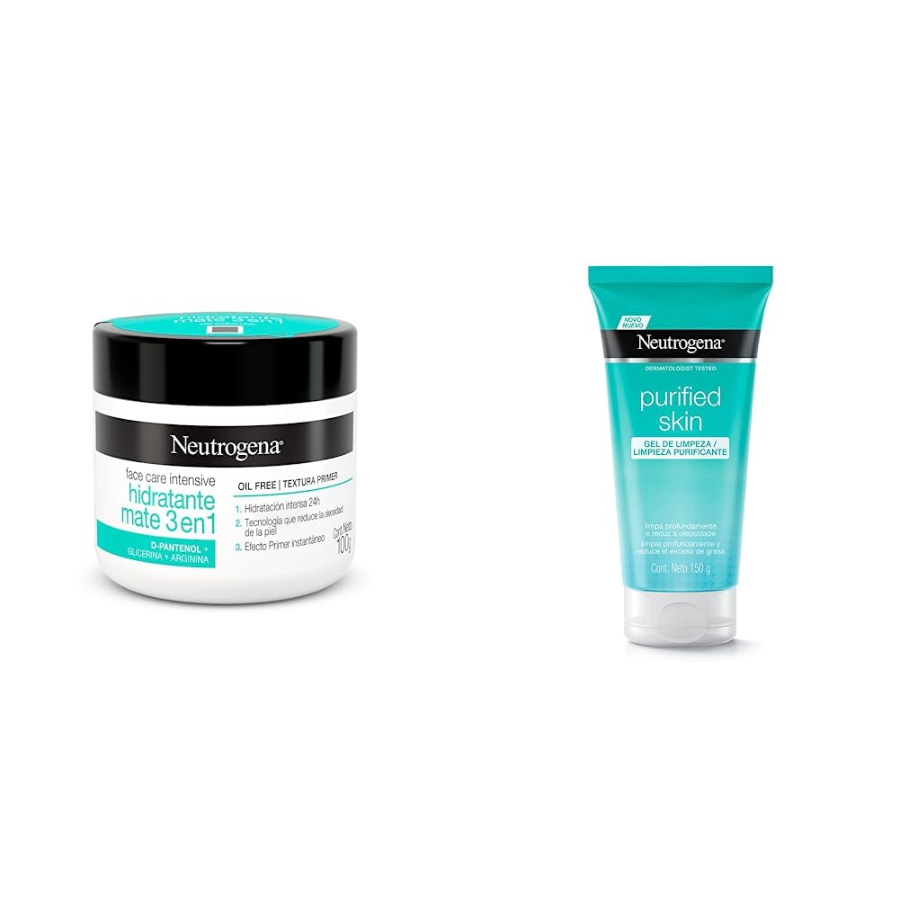 Crema Hidratante Facial Mate 3 en 1 Neutrogena Face Care Intensive D Pantenol 100g + Gel Limpiador Facial Purified Skin Ácido glicólico 150 g