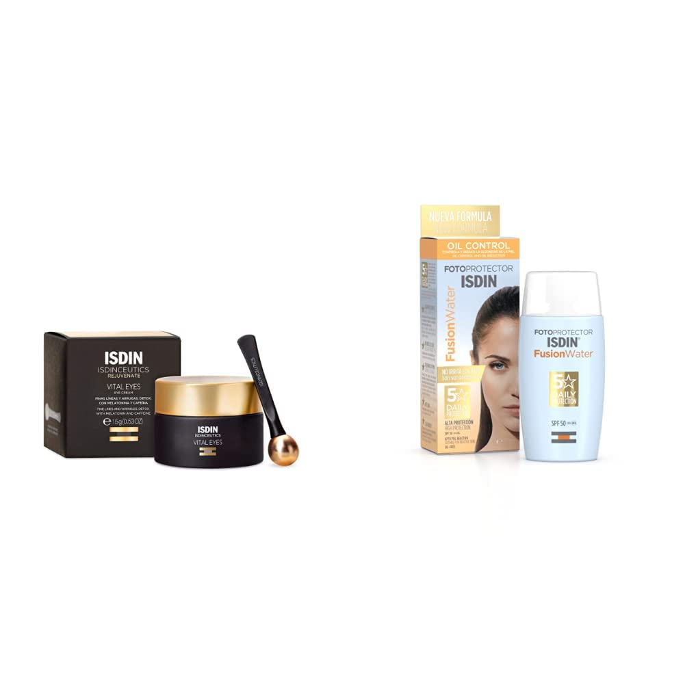 ISDIN Isdinceutics vital eyes, crema contorno de ojos antiarrugas, con melatonina y cafeina, 15 ml + Fotoprotector Fusion Water SPF 50, Protector Solar Facial de fase acuosa 50 ml