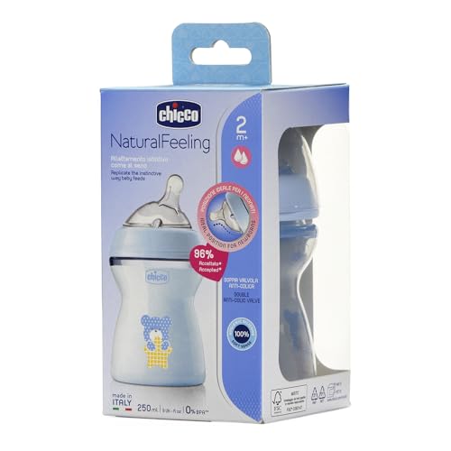 Chicco biberón Natural Feeling 250 ml azul para bebés, 1 Unidad