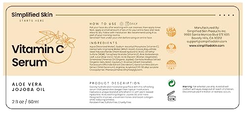 Sérum de vitamina C 20% para cara y ojos (2 onzas), tratamiento antienvejecimiento, arrugas, acné y manchas oscuras con ácido hialurónico y suero facial antioxidante de Simplified Skin