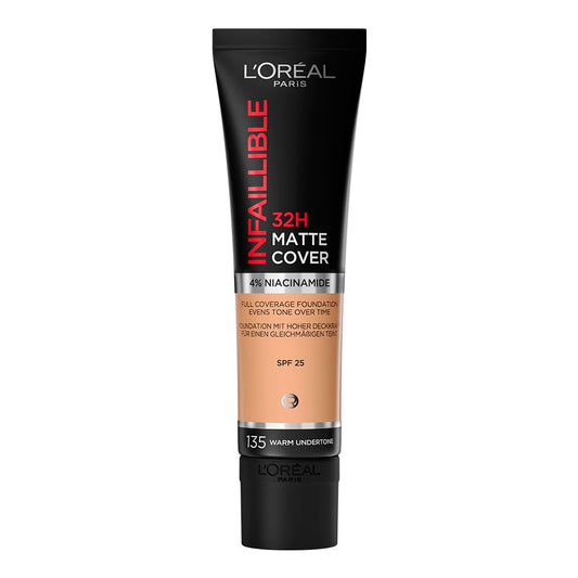 L'Oréal Paris, Infalible 24h Matte Cover base de maquillaje mate alta cobertura larga duración con skincare 4% Niacinamida, Anti-Imperfecciones, Tono 135 Vanilla, 30ml