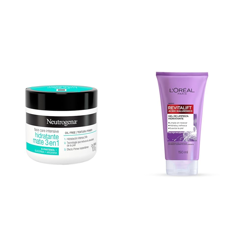 Neutrogena Crema Hidratante Facial Mate 3 en 1 Face Care Intensive D Pantenol 100 g + L'Oréal Paris Gel Limpiador Facial Revitalift Ácido Hialurónico 150 ml