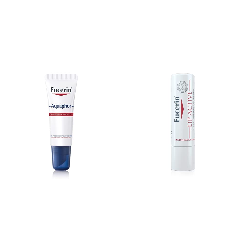 Eucerin Bálsamo labial Reparador de Labios SOS 10ml + Bálsamo labial Protector de Labios FPS 20 48 gramos, Fortalece y protege piel seca y agrietada, 2 unidades
