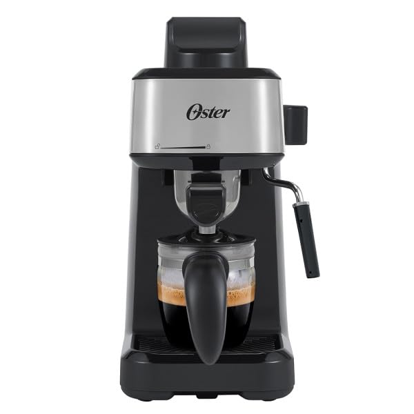 Oster® Cafetera de Vapor para Espresso y Cappuccino, Capacidad de 4 Espressos por Ciclo, Jarra de Vidrio, Potente Tubo de Vapor para Espumar la Leche, Negro