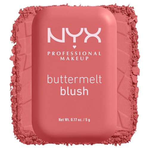 NYX Professional Makeup, Buttermelt Blush, Tono: Feeling Butta (rosa oscuro). Rubor cremoso en polvo infusionado con manteca de karité, mango y almendras, hasta 12hrs de uso, no se desvanece, resistente a transferencias. Fórmula vegana.