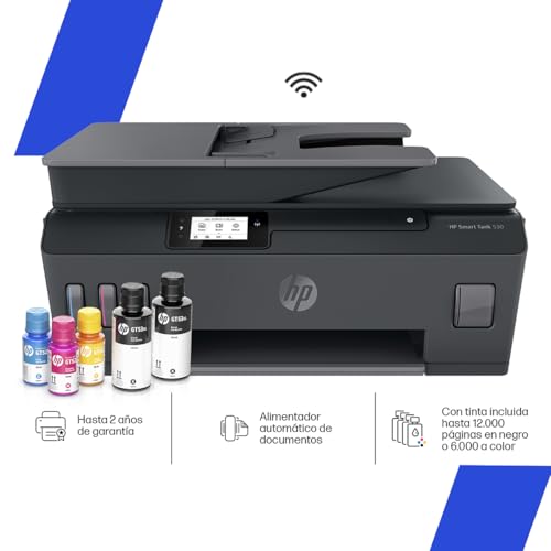 HP Impresora Multifuncional Smart Tank 530, Tinta Continua, Color, Wi-Fi, Dúplex (Doble Cara) Manual, ADF Alimentador Automático, Imprime Smart App, Impresión, Escaneo, Copiado (4SB24A)