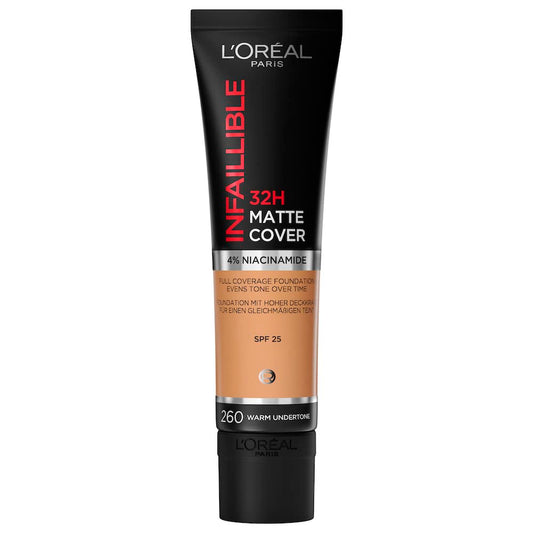 L'Oréal Paris, Infallible 32h Matte Cover, Base de maquillaje mate alta cobertura larga duración con skincare 4% Niacinamida, Anti-Imperfecciones, Tono 260 Warm, 30ml