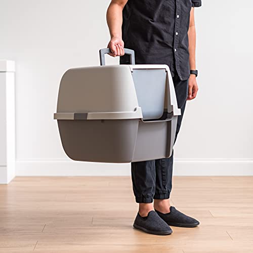 IRIS USA Jumbo Enclosed Cat Litter Box with Front Door Flap and Scoop, Hooded Kitty Litter Tray with Handle and Buckles for Portability and Privacy, Gray