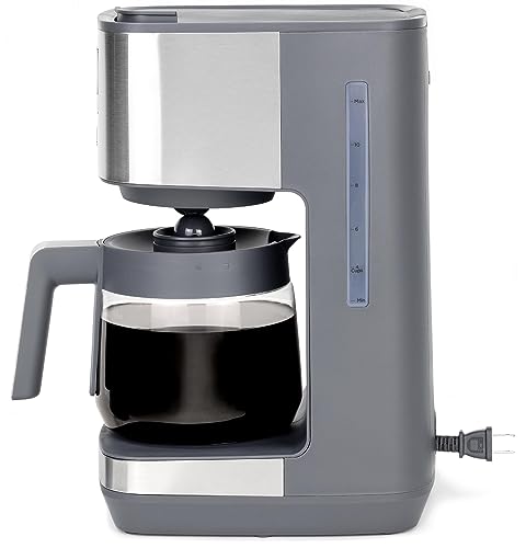 GE - Cafetera de goteo con temporizador, jarra de vidrio de 12 tazas con placa ajustable para mantener el calor, cabezal de ducha ancho para un máximo sabor, esenciales para la cocina, acero inoxidable