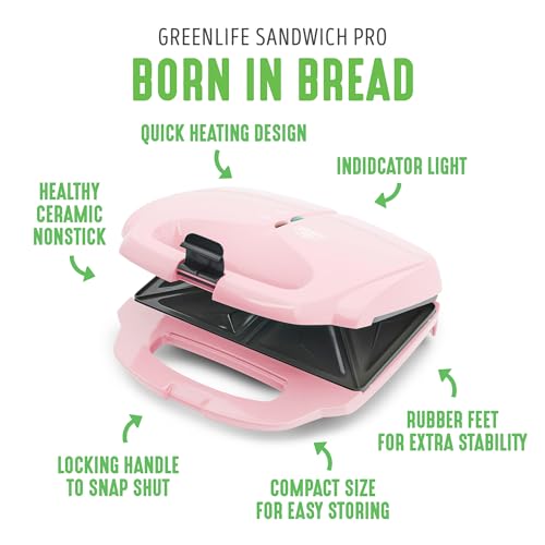GreenLife Pro - Parrilla eléctrica Panini Press y sandwichera, placas antiadherentes de cerámica saludables, luz indicadora fácil, sin PFAS, rosa