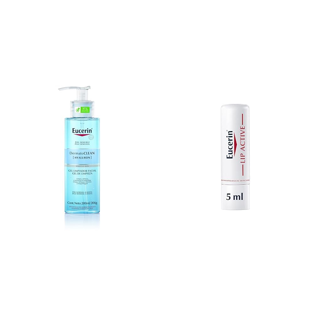 Eucerin Gel Limpiador Facial DermatoClean para piel normal a mixta, 200ml, empaque puede variar + Ph5 Bálsamo labial Protector de Labios FPS 20, 4.8 gramos