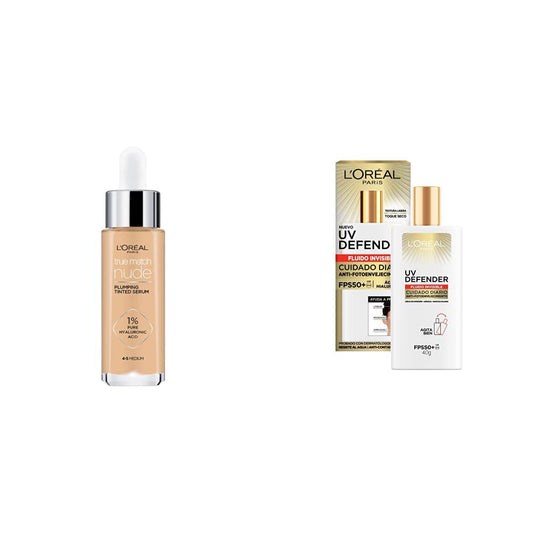 L'Oréal Paris Serum rellenador con color y ácido hialurónico, True Match, Tono 4-5 Medium + Uv Defender bloqueador solar Fluido Invisible FPS 50 +