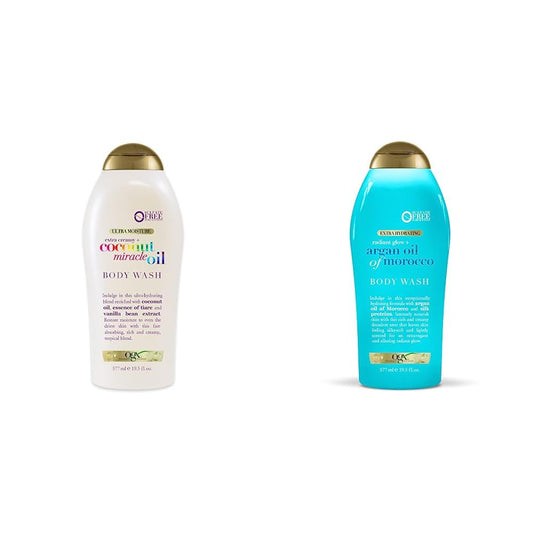 OGX, Body Wash Humectante de Aceite de Coco, 577 ml +, Body Wash Extra Hidratante de Aceite de Argán de Marruecos, 577 ml