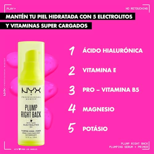 NYX Professional Makeup, Primer de maquillaje + Serum Plump Right Back, 30ml. Prebase hidratante que tonifica y revitaliza la piel, infusionada con electrolitos y ácido hialurónico, extiende hasta 24H la duración de tu maquillaje, base agua