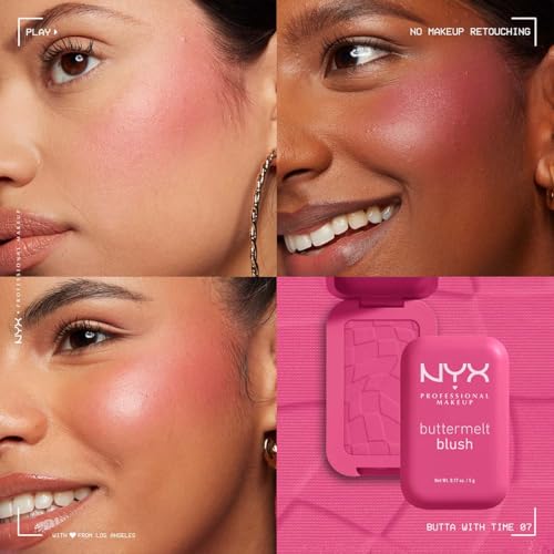 NYX Professional Makeup, Buttermelt Blush, Tono: Butta with Me (rosa pálido). Rubor cremoso en polvo infusionado con manteca de karité, mango y almendras, hasta 12hrs de uso, no se desvanece, resistente a transferencias. Fórmula vegana.