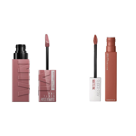 Labial Líquido Brillante, Maybelline Superstay Vinyl Ink Nudes tono Awestruck, 4.2ml + Labial líquido indeleble Matte Ink, tono70 amazonian