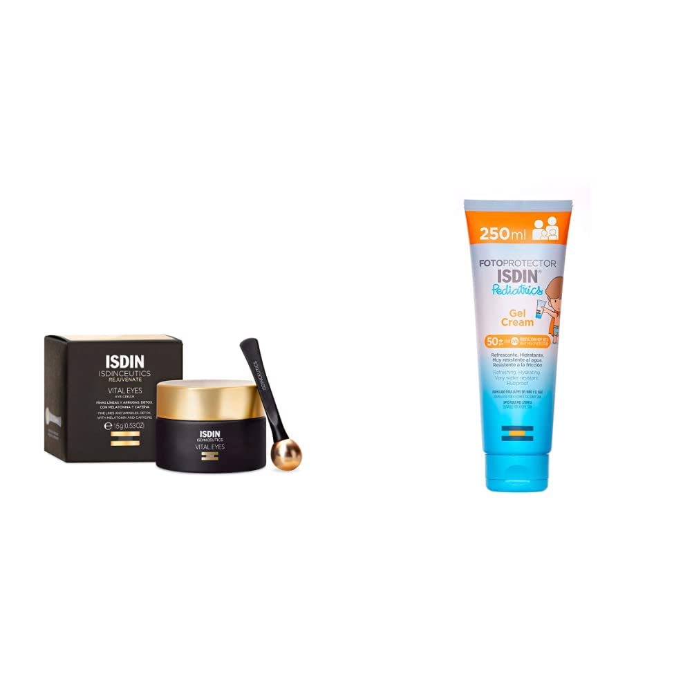 ISDIN Isdinceutics vital eyes, crema contorno de ojos antiarrugas, con melatonina y cafeina, 15 ml + Fotoprotector Pediatrics Gel Cream SPF 50+, Protector Solar Corporal para niños y bebes, 250 ml