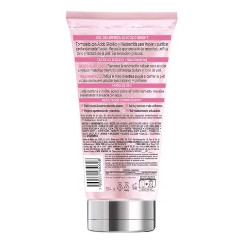 L'Oréal Paris Gel de Limpieza Anti-manchas Glycolic Bright con Ácido Glicólico y Niacinamida todo tipo de manchas, 150ml