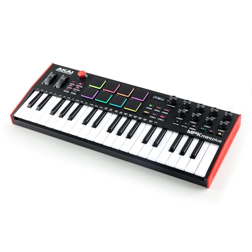 Akai Professional MPK Mini Plus - Teclado Controlador MIDI USB de 37 Mini Teclas con 8 Pads MPC, Secuenciador, MIDI/CV/Gate I/O, Software de Producción y Native Instruments Sound Package