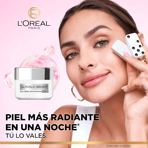 L'Oréal Paris Gel Crema de Noche Anti-manchas Glycolic Bright con Ácido Glicólico y Niacinamida Vitamina E todo tipo de manchas, 50ml