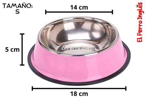 El Perro Inglés Plato de Acero Inoxidable para Mascotas, Diferentes Colores, Excelente Calidad. (Rosa, S (16 oz))