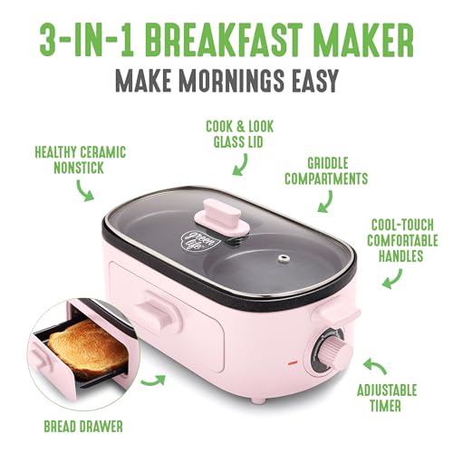 GreenLife - Estación de desayuno 3 en 1, cerámica antiadherente doble plancha para huevos, carne, panqueques y sándwiches + cajón de tostadas de 2 rebanadas, cocina saludable, temporizador, versátil
