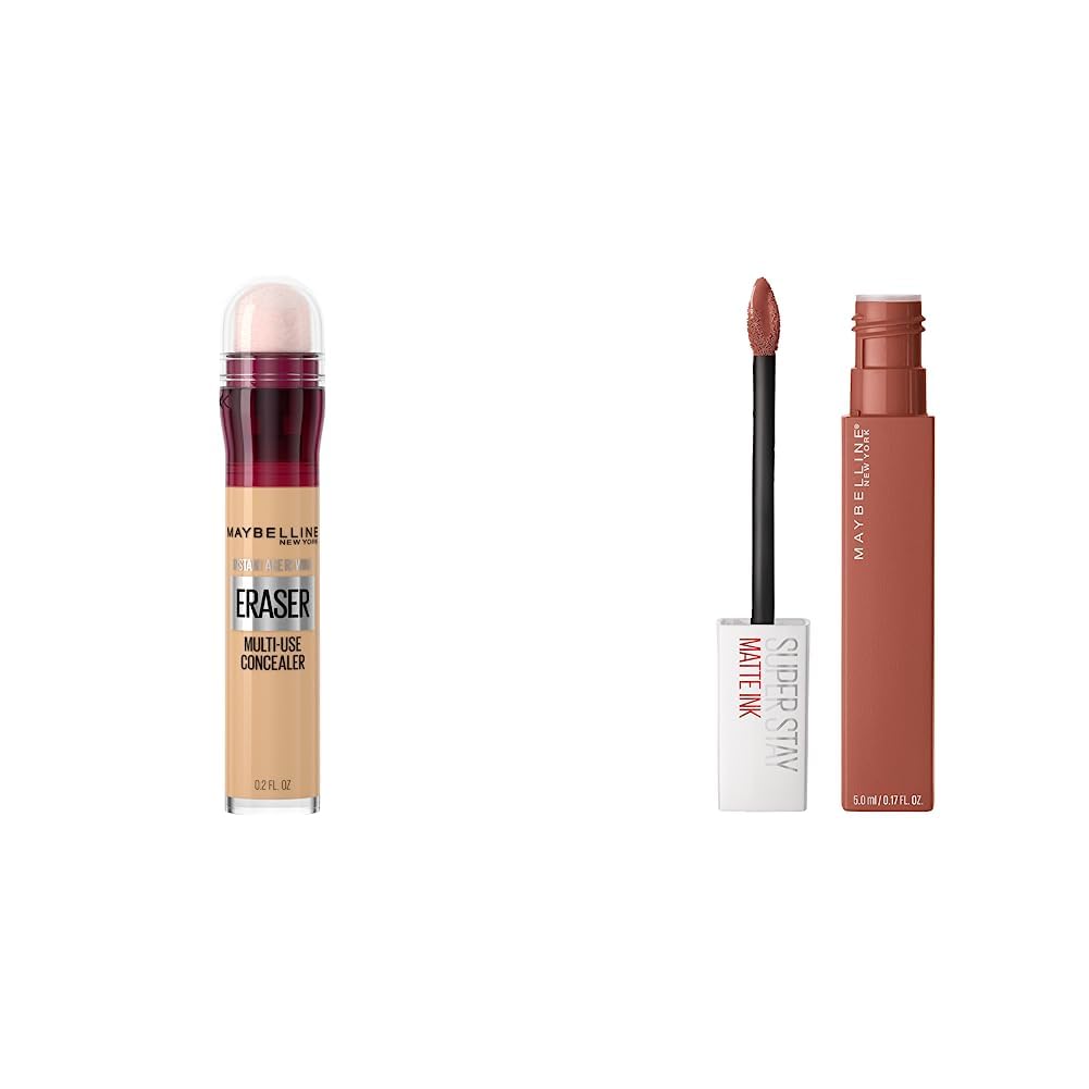 Maybelline Corrector de Maquillaje Instant Age Rewind, Sable Sand, 6 ml + Labial líquido indeleble Matte Ink, tono70 amazonian