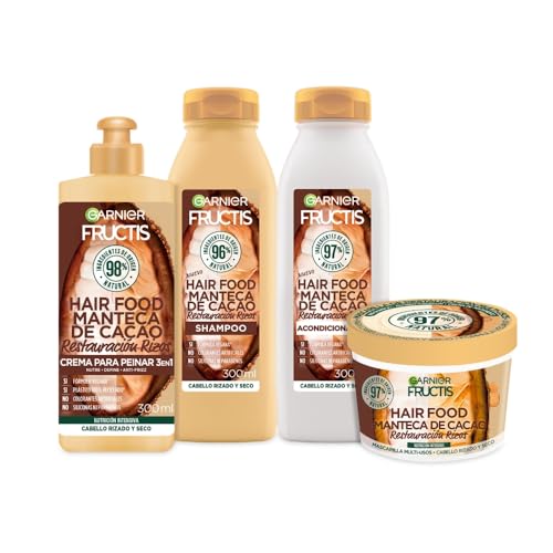 Kit Garnier Fructis Hair Food Cacao Rutina Completa Restauracion Rizos: Shampoo, Acondicionador, Crema para Peinar y Mascarilla, 4 unidades