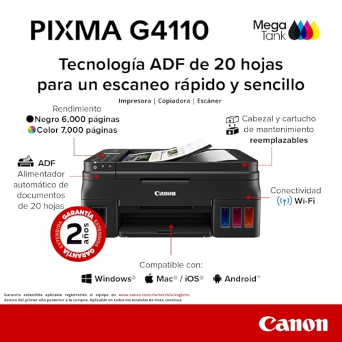 Canon Impresora Multifuncional Wi-Fi G4110 de Tanque de tintas con ADF y Fax