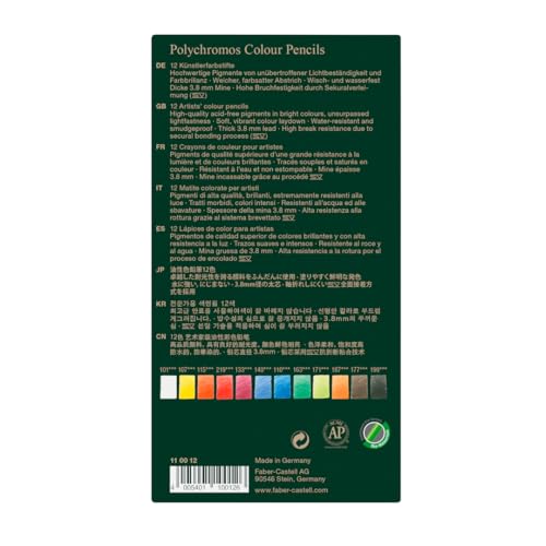 Faber-Castell Polychromos Profesionales para Arte con 12 distintos Colores, set colores de calidad profesional, diseñado para ofrecer a los artistas y aficionados una herramienta de dibujo excepcional