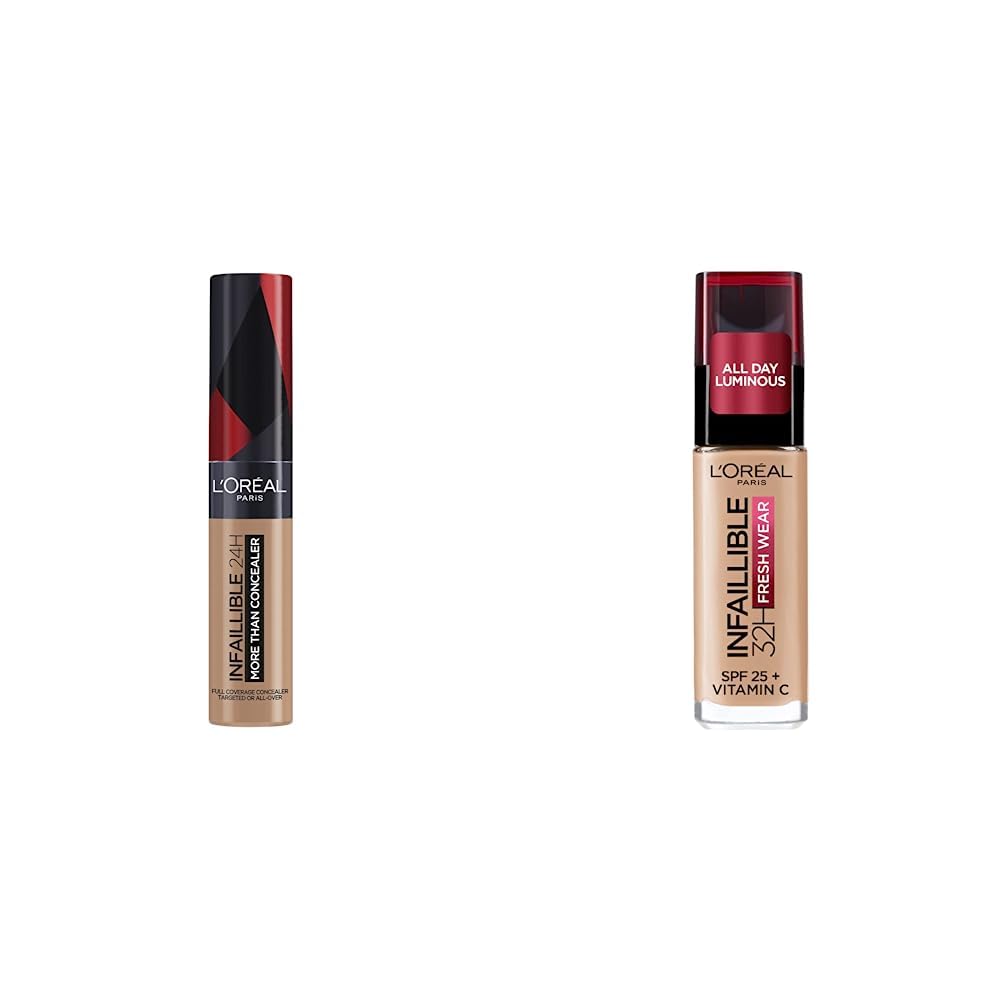 L´Oréal Paris, Corrector liquído de larga duración 24h, Infallible More than concealer,Tono 329 Cashew, 14.4ml + L´Oréal Paris, Base de maquillaje líquida de larga duración, 30ml