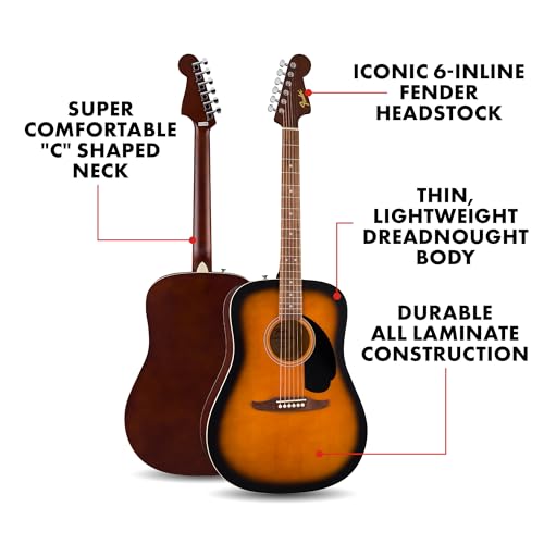 Fender Guitarra Acústica California Debut Redondo™, Spruce Top, Black Pickguard, 2-Color Sunburst