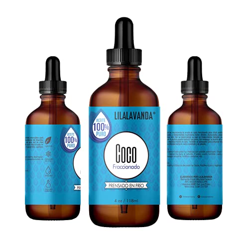 LilaLavanda - Aceite de Coco Fraccionado, 100% natural y puro, sin rellenos, sin aromas añadidos, prensado en frío. Para masaje y porta aceites esenciales - 118 ml