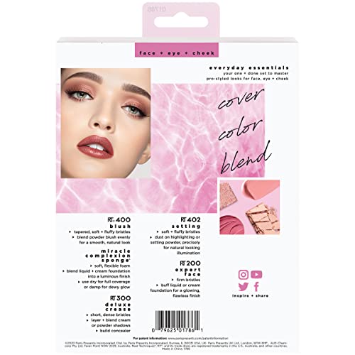Real Techniques, Everyday Essentials, Set de Brochas de Maquillaje con Esponja Multifuncional, Kit de Accesorios Esenciales, Juego de Brochas para Maquillar Ojos, Mejillas y Rostro, 5 piezas