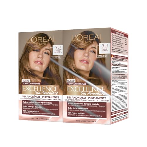 Pack de 2 Tintes para Cabello Excellence sin Amoniaco Tono 7U Rubio Universal de L'Oréal Paris - Cuida y Colorea tu Cabello de forma Profesional