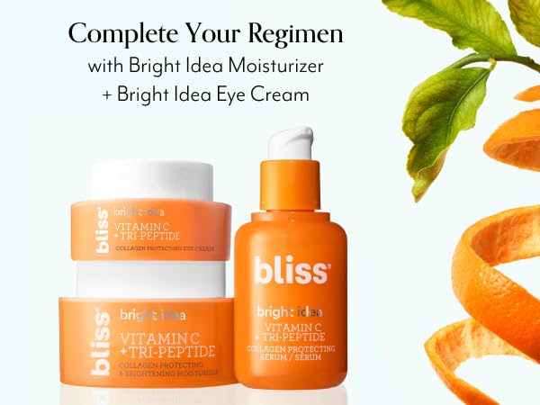 Bliss Suero iluminador para el rostro con vitamina C y colágeno tripéptido Bright Idea: antienvejecimiento, reduce las manchas oscuras, aumenta la elasticidad de la piel, limpio, vegano y sin cruel