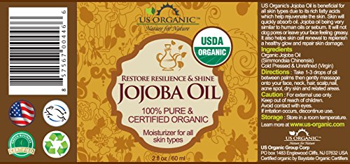 US Organic, Aceite de Jojoba, Certificado Orgánico por USDA, 100% Puro y Natural, Prensado en Frío, Virgen, Sin Refinar, Libre de Hexano, Botella de Vidrio Ámbar (56 ml)