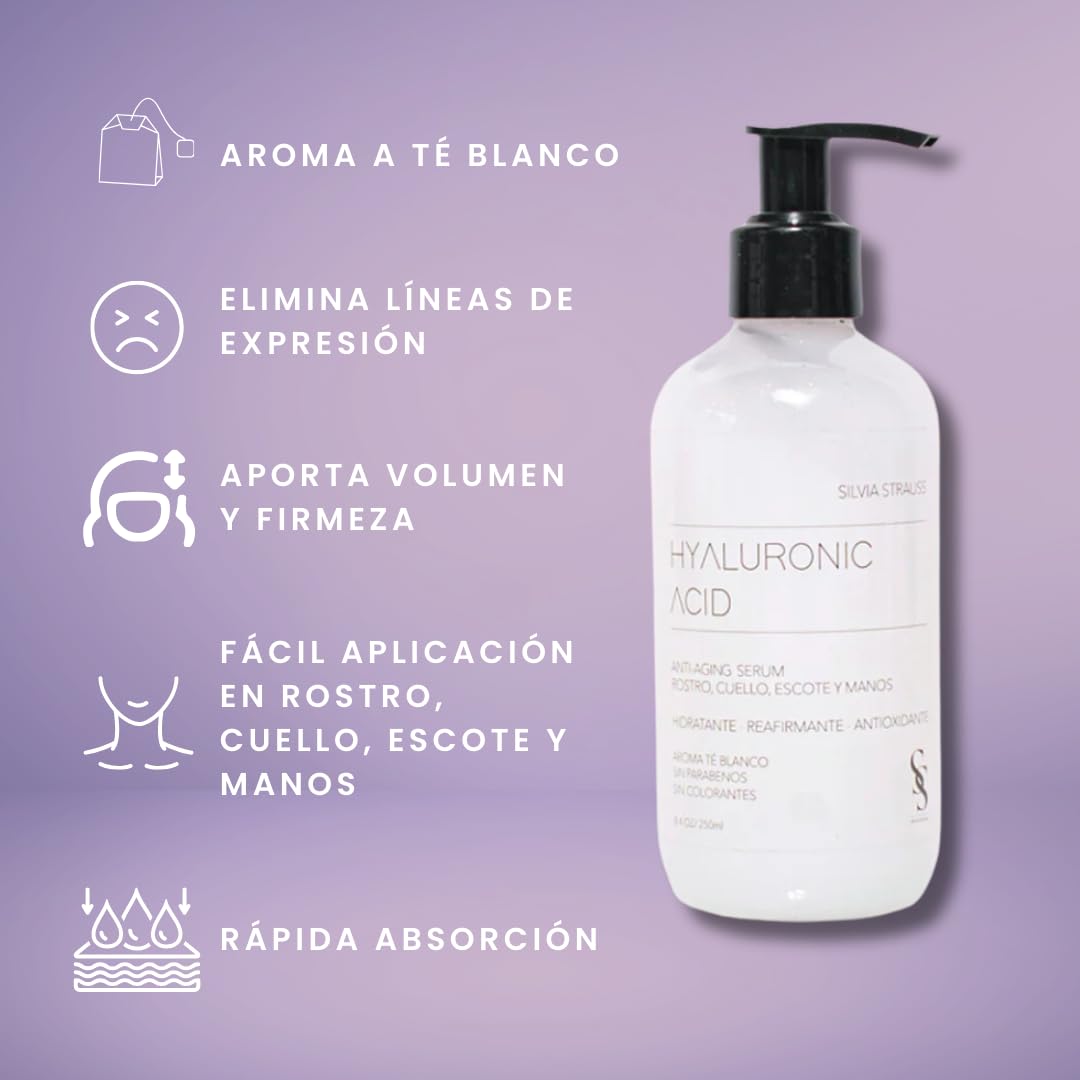 SILVIA STRAUSS Suero Facial Hyaluronic Acid Suero Gel Hidratante con Ácido Hialurónico para Rostro, Escote, Cuello y Manos, 250ml