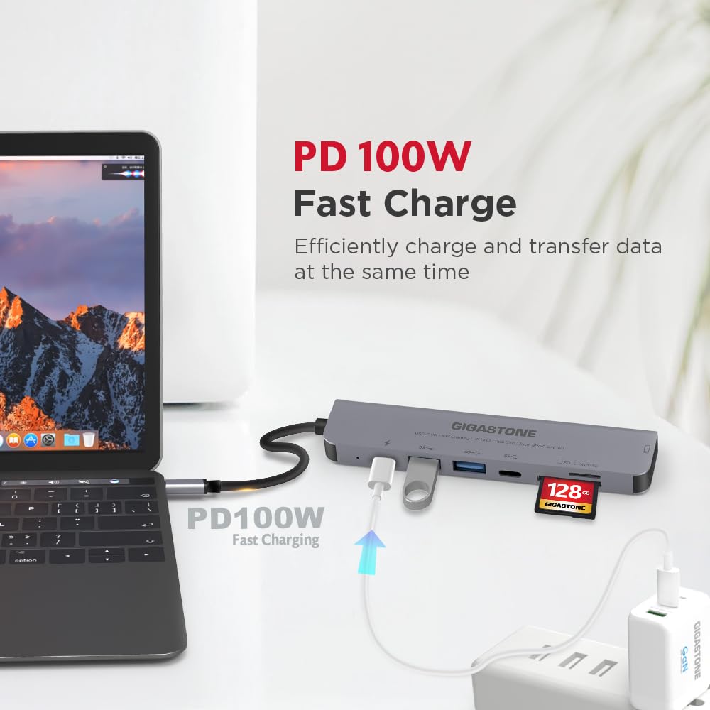 GIGASTONE Adaptador multipuerto 7 en 1 para iPad, MacBook Pro Air con divisor HDMI 4K, Thunderbolt PD 100W, lector SD/microSD, dongle para iPhone 15, Chromebook, Surface, Tab S9, Zenbook, XPS