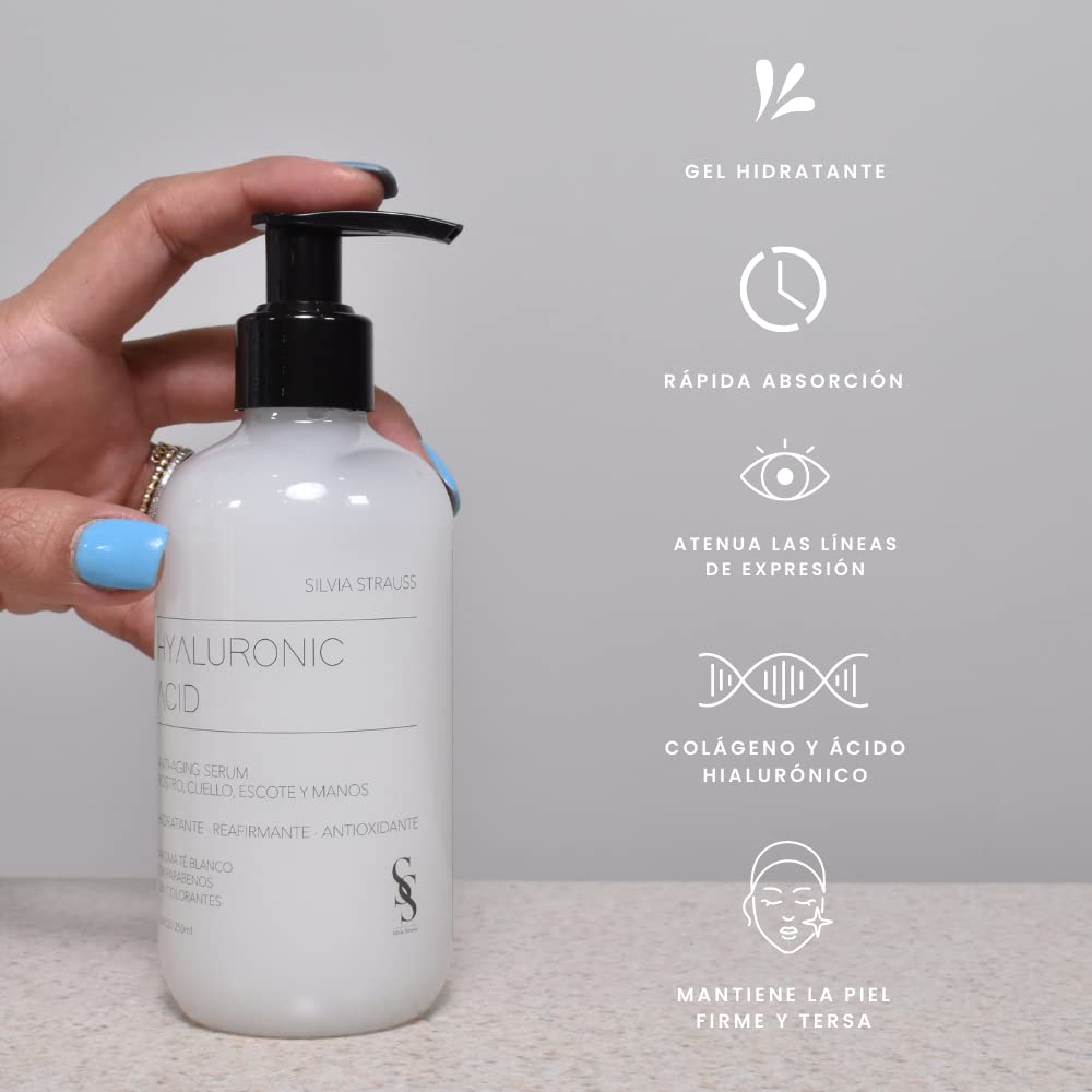 SILVIA STRAUSS Suero Facial Hyaluronic Acid Suero Gel Hidratante con Ácido Hialurónico para Rostro, Escote, Cuello y Manos, 250ml