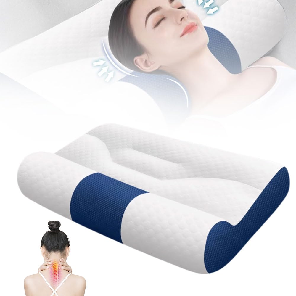 Almohada Cervical de Plumón de Ganso, Almohada de Apoyo Cervical Ergonómica para Mejorar el Sueño, 2 en 1 Que Alivia el Dolor de Cuello y Brinda Soporte Contorneado para Personas (Azul oscuro, M)
