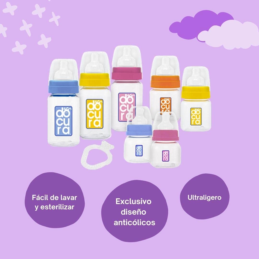 DOCURA - Set Para Recién Nacido, Biberones De Boca Ancha 8 Piezas, Silicón Líquido, Flujo Lento y Medio, Anti cólicos, Antireflujo, Libre de BPA